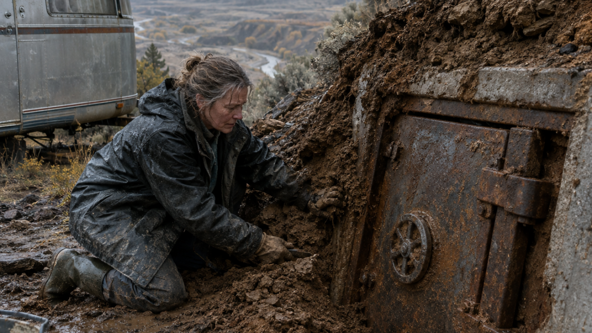 Evicted With One Suitcase, Adelaide Was Left Fifteen Acres of Dead Oregon Dirt — Then a Landslide Exposed a Steel Vault Beneath Her Rusted Trailer, and the First Crate Inside Revealed Why Her Dying Husband Had Quietly Chosen This Worthless Field for Her