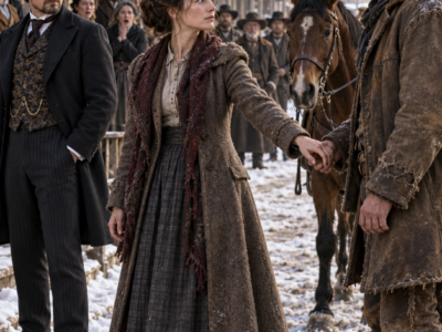 The Town Mocked the Penniless Woman for Refusing a Wealthy Merchant—Then She Took a Broke Cowboy’s Hand in Front of Everyone and Said She Would Rather Work Beside a Man She Respected, Never Knowing the Ragged Stranger Owned More Land Than All of Cinder Ridge