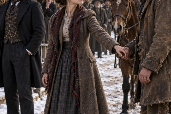 The Town Mocked the Penniless Woman for Refusing a Wealthy Merchant—Then She Took a Broke Cowboy’s Hand in Front of Everyone and Said She Would Rather Work Beside a Man She Respected, Never Knowing the Ragged Stranger Owned More Land Than All of Cinder Ridge