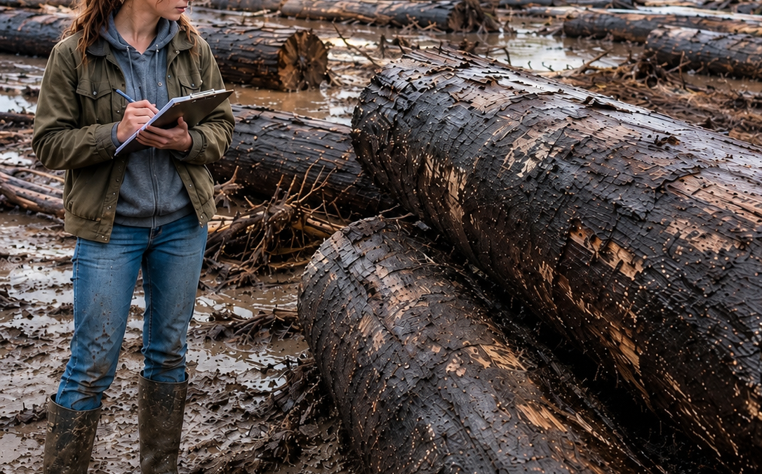 the flood buried her family’s farm in mud and left forty black logs behind—then a fifteen-year-old girl recognized the mark everyone else ignored