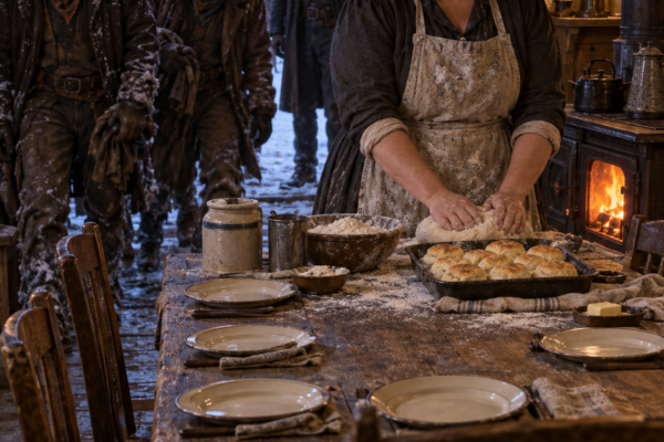 With Only Flour, Salt, and a Cold Stove, Clara Whitmore Promised Supper to Six Hungry Ranch Hands—Then the Widowed Rancher Who Had Forgotten How a Home Felt Sat at Her Table and Realized the Woman Everyone Else Dismissed Might Be the One Person Black Ridge Could Not Afford to Lose
