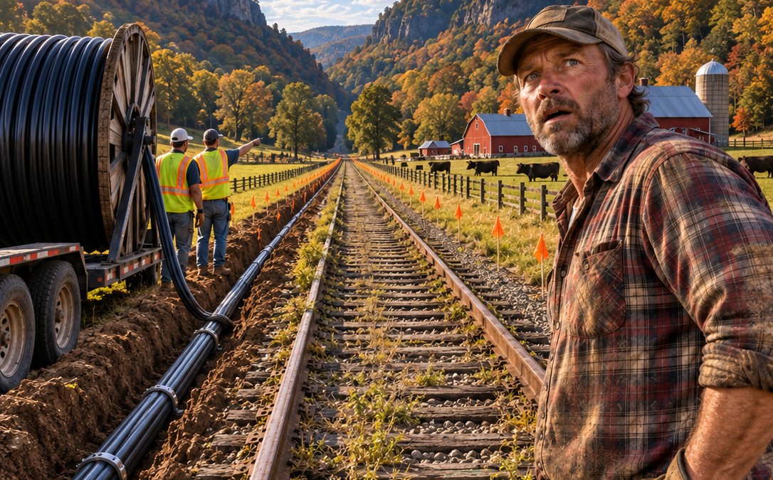 he bought a farm everyone rejected because an abandoned railroad split it in half, then a fiber company discovered the only path through the valley