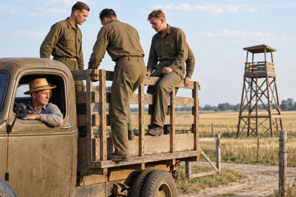the german prisoners expected rifles at the gate—then a sixty-two-year-old nebraska farmer drove them alone to the orchard that was about to ruin him