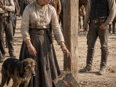 They Chained the Schoolteacher in Mercy Creek’s Square and Called Her a Murderer—Then Caleb Whitaker Watched Abigail Hart Give Her Last Bread to a Starving Dog, Cut Her Loose Before the Whole Town, and Learned Why the Powerful Rancher Who Condemned Her Was Terrified She Might Walk Free