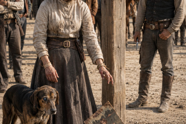 They Chained the Schoolteacher in Mercy Creek’s Square and Called Her a Murderer—Then Caleb Whitaker Watched Abigail Hart Give Her Last Bread to a Starving Dog, Cut Her Loose Before the Whole Town, and Learned Why the Powerful Rancher Who Condemned Her Was Terrified She Might Walk Free