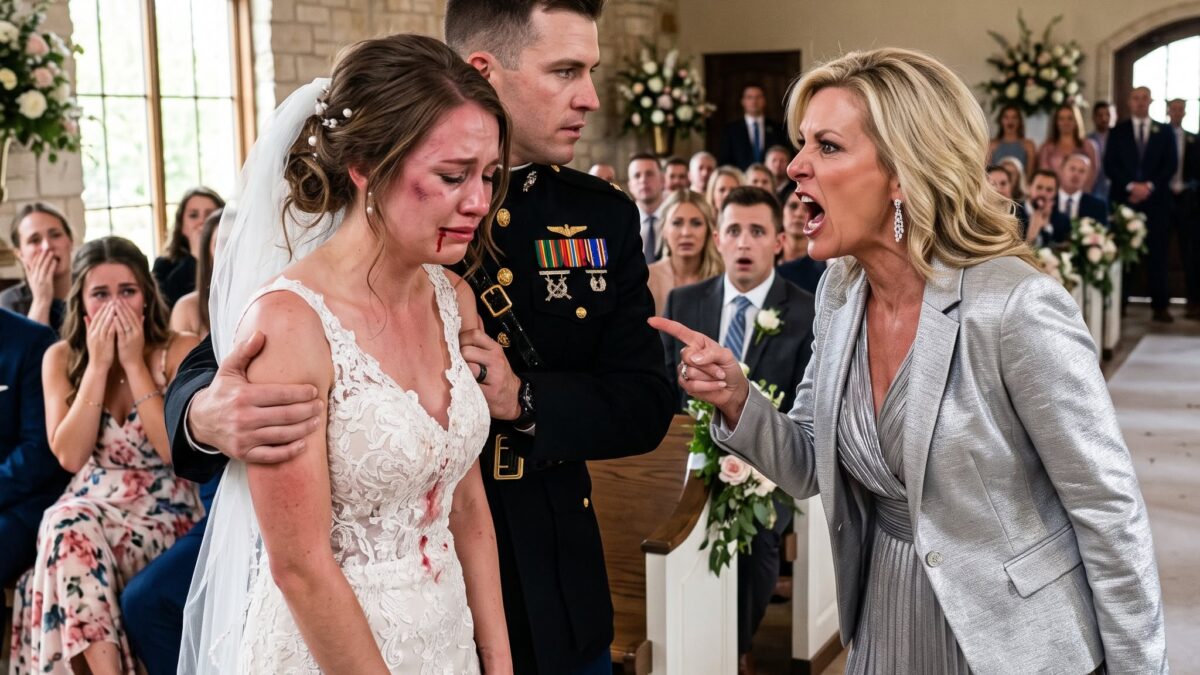 My mom slapped me across the face at my own wedding, leaving blood on my white lace dress as the entire crowd froze. Then my husband, a Marine pilot, stepped in calmly and said, “You just assaulted an officer. Face the wall.” In seconds, my mother realized everything had changed.