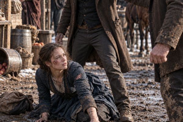 The Hardware Man Kicked the Crutch from Beneath a Hungry Woman in Black Creek—Until a Ranch Foreman Stepped Between Them, Refused to Buy Her Gratitude, and Offered the Former Bookkeeper One Chance to Prove the Town Had Been Looking at the Wrong Thing for Three Years