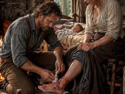 **A WIDOWED MOUNTAIN MAN STOPPED FOR A MOTHER AND BABY IN THE RAIN… THEN SHE WHISPERED, “MAY WE SLEEP IN YOUR BARN?”**