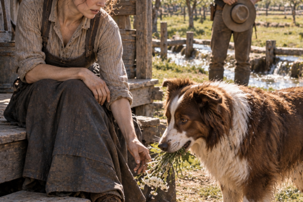 She Asked Why His Dog Brought Her Flowers—The Rancher Admitted Bramble Had Done What He Couldn’t, Just Before the Woman Promised to Him for Ten Years Walked Into the Orchard and Told Evelyn to Finish Saving the Trees, Then Leave