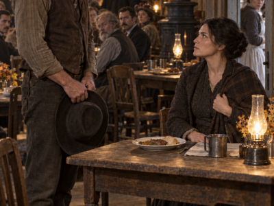 They Always Seated Norah Nearest the Kitchen Because She Had No Family Name Behind Her—Then Widowed Rancher Callum Rye Carried His Supper Across the Grange Hall, Sat Opposite Her, and Offered Work Just as the Town Began Whispering She Had No Right in His Home