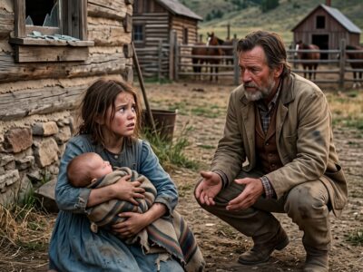 A Barefoot Girl Reached a Wyoming Ranch Carrying Her Starving Baby Brother and Begged for Work—But When Elias Carter Offered Supper Instead, a Stone Struck His Window With Six Words That Revealed Someone Dangerous Had Followed Her