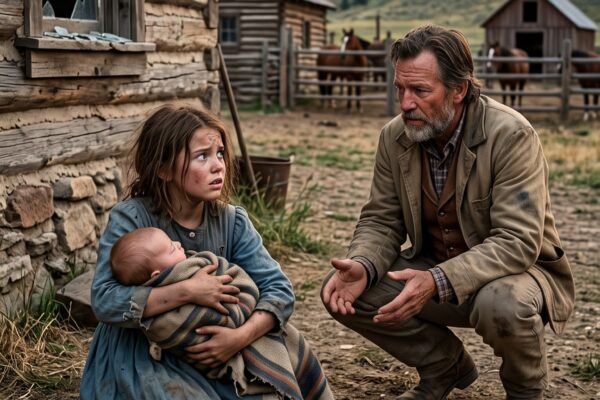 A Barefoot Girl Reached a Wyoming Ranch Carrying Her Starving Baby Brother and Begged for Work—But When Elias Carter Offered Supper Instead, a Stone Struck His Window With Six Words That Revealed Someone Dangerous Had Followed Her