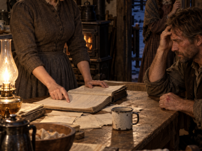 The Widower’s Three Daughters Took One Look at Their Plain New Housekeeper and Decided She Would Never Belong at Frost Ridge—Then Miriam Ashcroft Put the Exhausted Oldest Girl to Bed, Opened Gideon Hale’s Failing Ranch Ledger, and Found the Pattern That Could Save Their Entire Valley