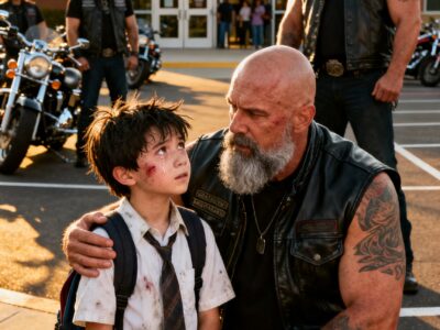 A BRUISED LITTLE GIRL ASKED A HELL’S ANGEL TO BE HER DAD – THEN 32 BIKERS ROLLED INTO HER SCHOOL