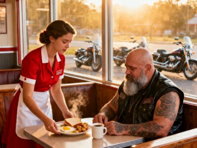 THEY ALL IGNORED THE HELLS ANGEL – UNTIL ONE WAITRESS RISKED EVERYTHING TO TREAT HIM LIKE A HUMAN BEING