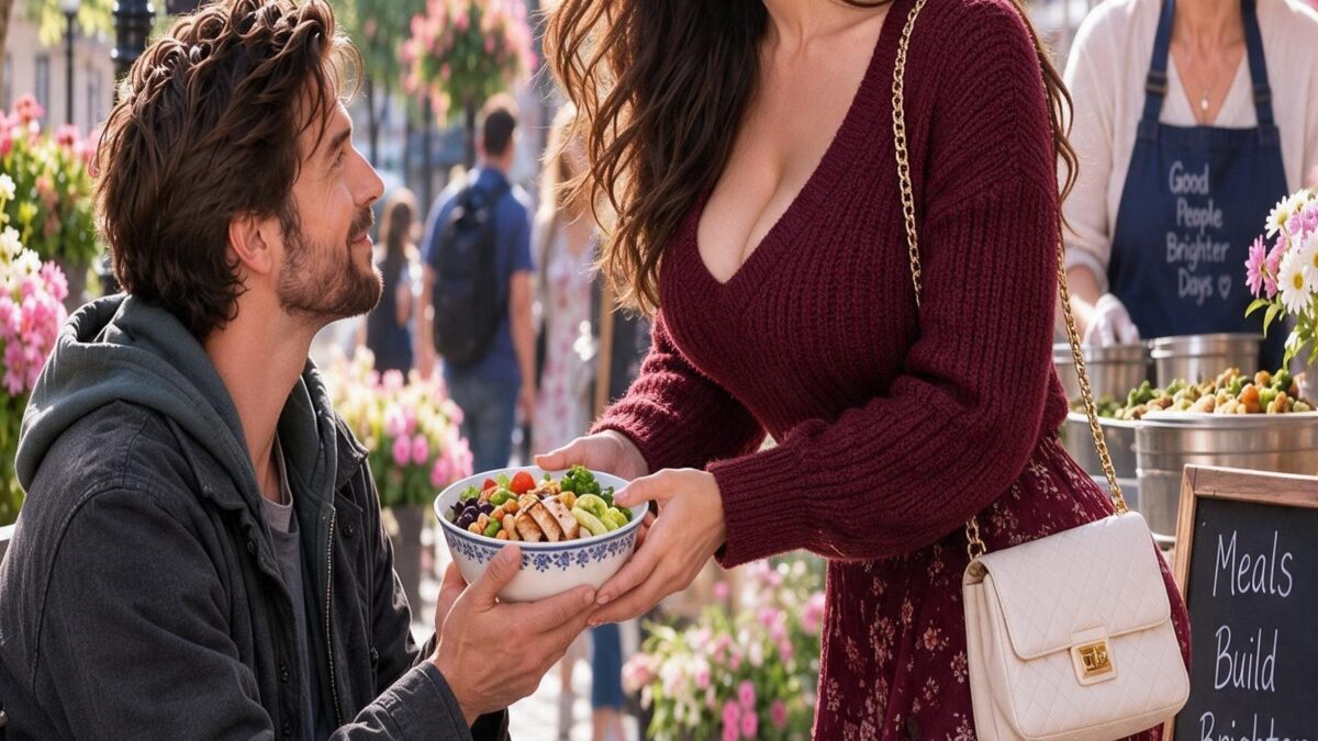 A bakery worker shared her dinner with a homeless stranger beneath a broken streetlight, never knowing the quiet man she was falling for secretly owned buildings across the city…