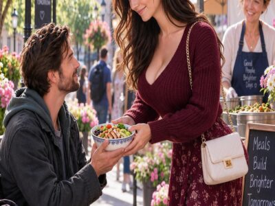 A bakery worker shared her dinner with a homeless stranger beneath a broken streetlight, never knowing the quiet man she was falling for secretly owned buildings across the city…